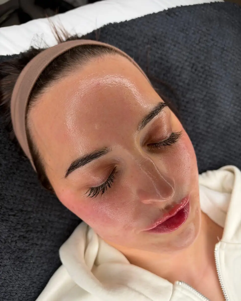A client wearing a soft headband, eyes closed, relaxing on the treatment couch after a facial